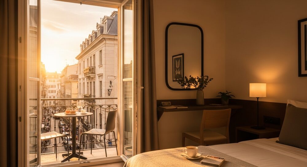 A sunlit boutique hotel room overlooking a European city street