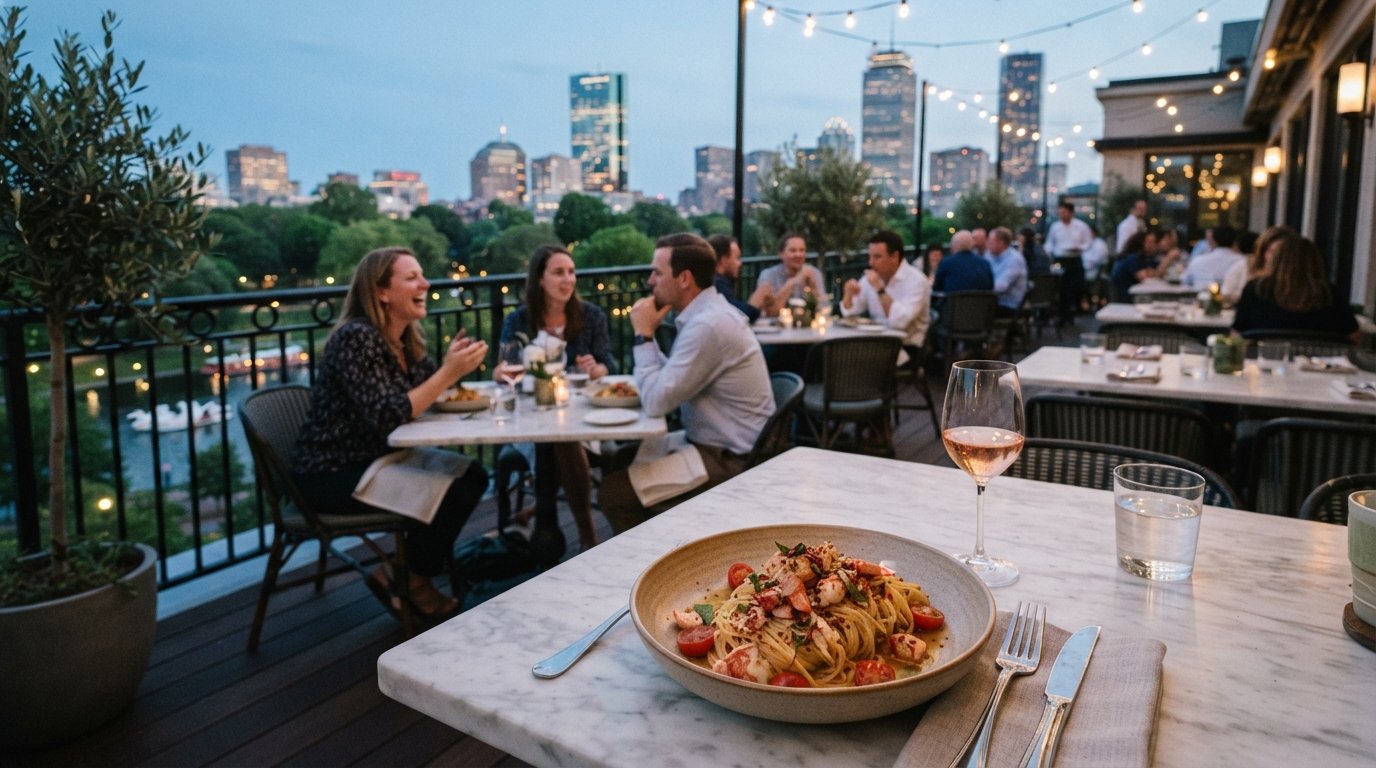 the rooftop terrace at Contessa atop The Newbury, with the Public Garden spread below and a plated spicy lobster capellini in the foreground at dusk