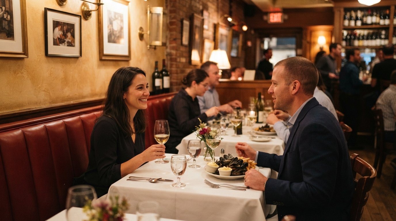the red-banquette dining room at La Voile on Newbury Street, with white tablecloths, wine glasses and a plate of moules frites under warm evening light