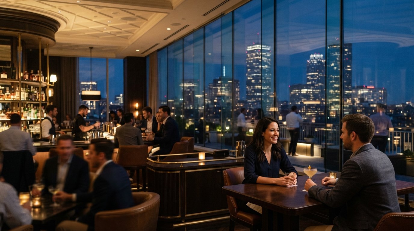 the 17th-floor Long Bar & Terrace at Raffles Boston, with a skyline terrace and evening city lights beyond the glass