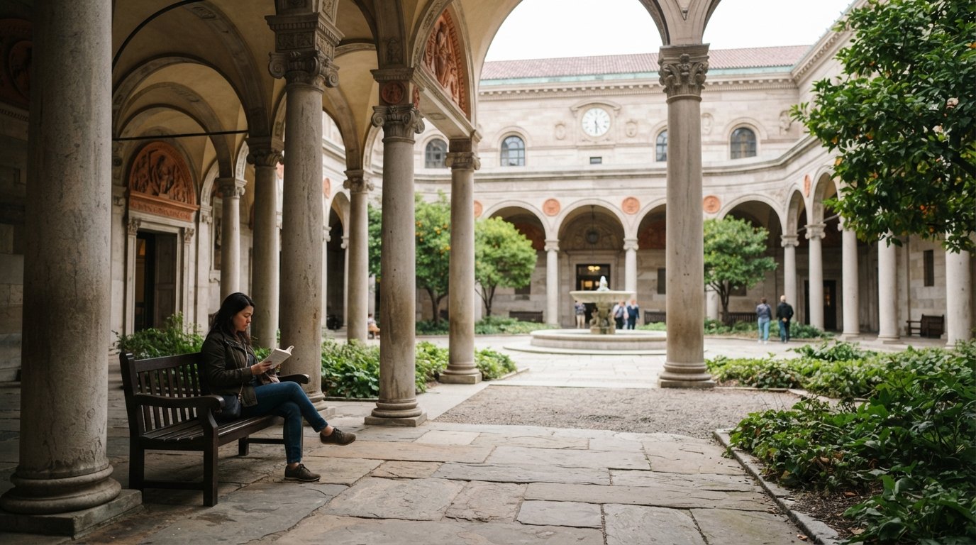 the Boston Public Library’s Italianate courtyard, with arcades, stone columns and a quiet seated visitor in soft daylight