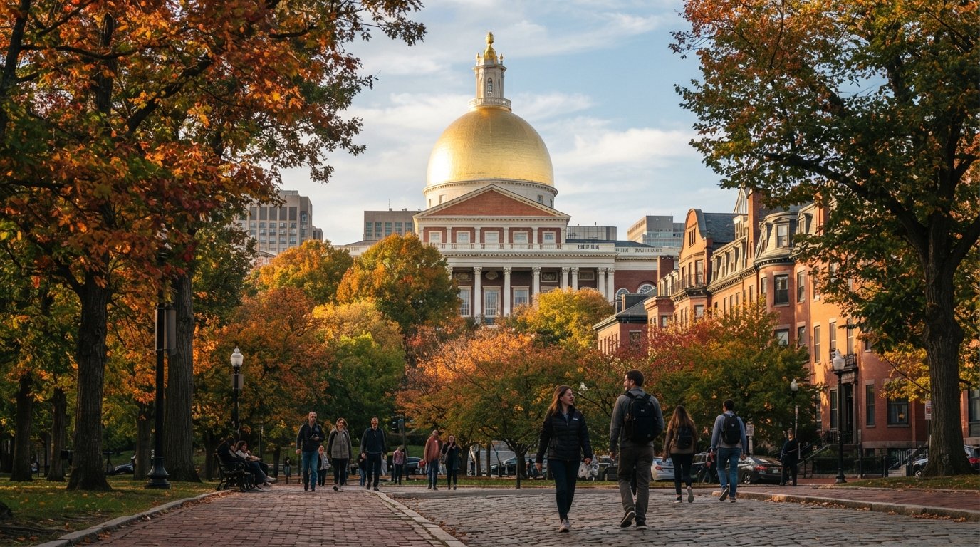 the Massachusetts State House gilded dome above Boston Common in late-afternoon light, seen from below with the brick and treetops of Beacon Hill in the foreground