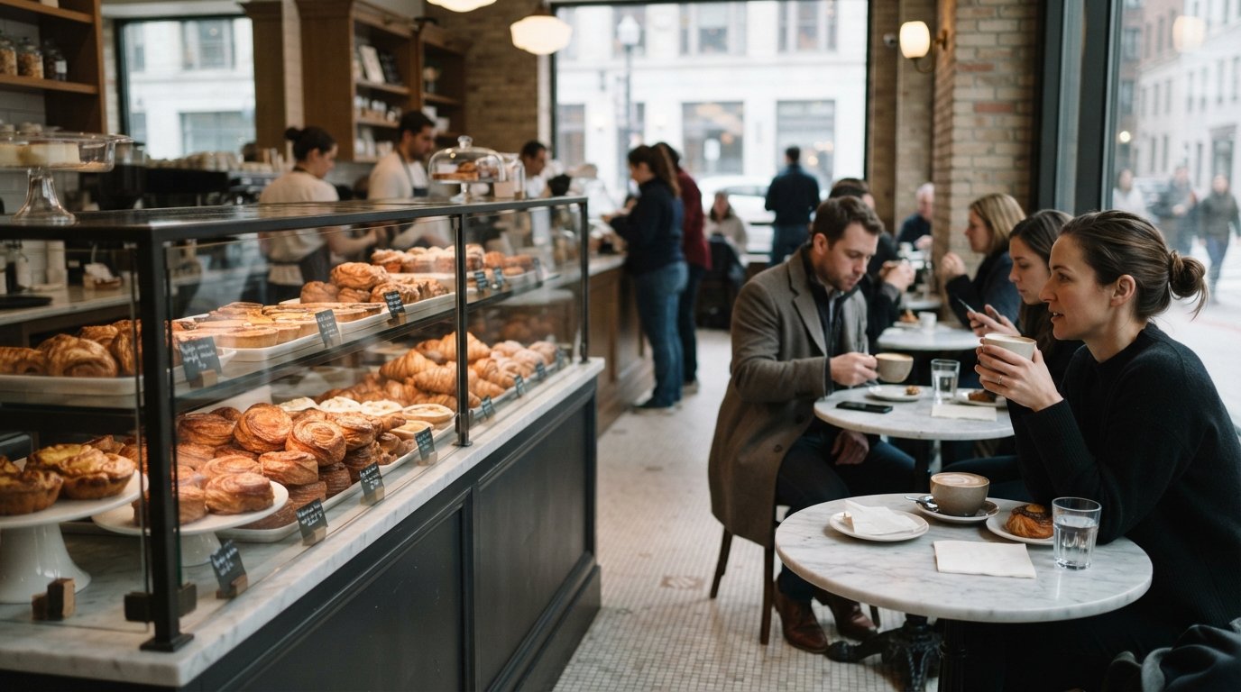 the pastry case and marble tables inside Tatte Bakery & Café at 70 Charles Street, morning light on kouign-amann and coffee cups