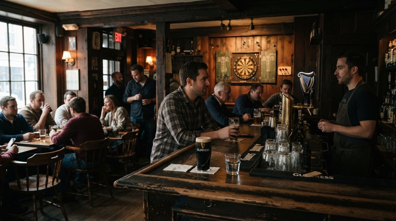 the dim wood-panelled interior of The Sevens Ale House at 77 Charles Street, with a Guinness on the bar and a dartboard in the back