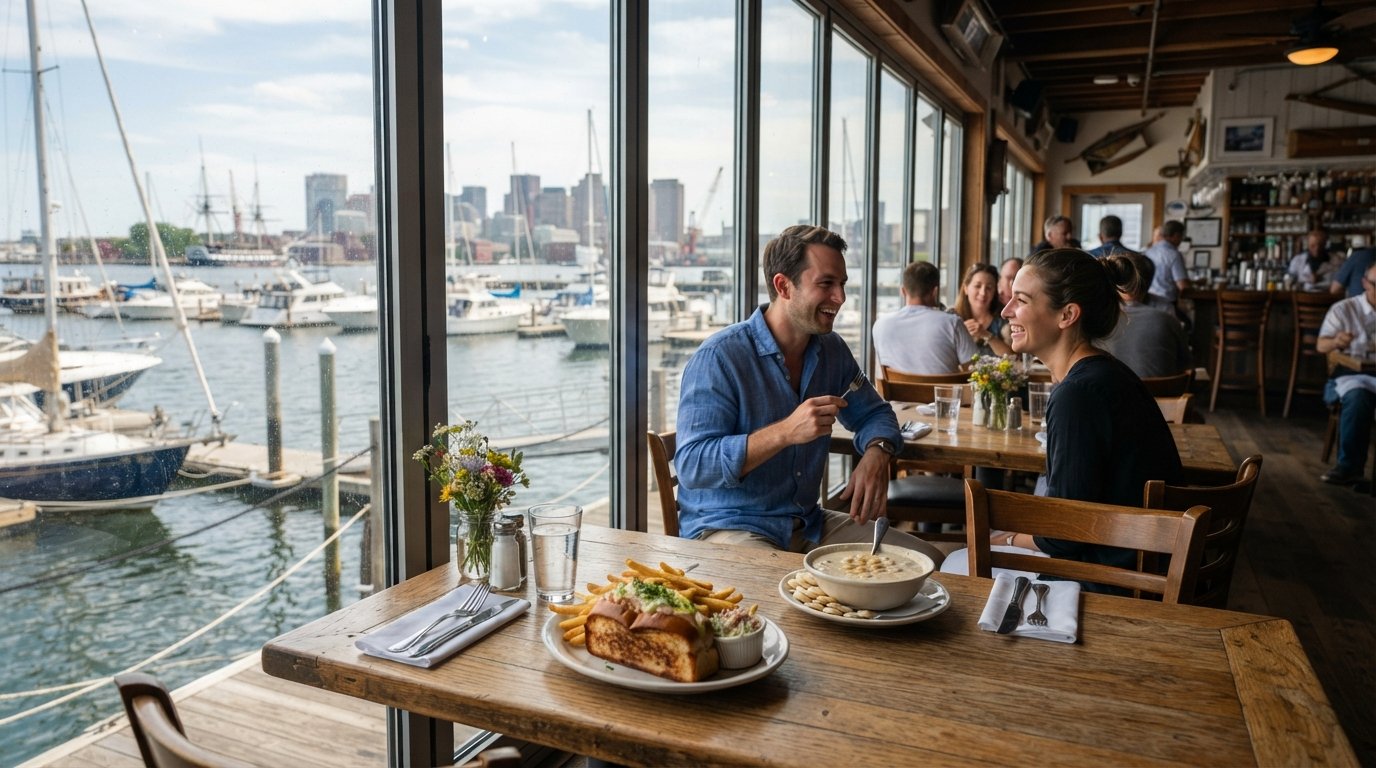 the dining room at Pier 6 with floor-to-ceiling glass looking over the Navy Yard marina, a lobster roll and chowder on the table at harbour light