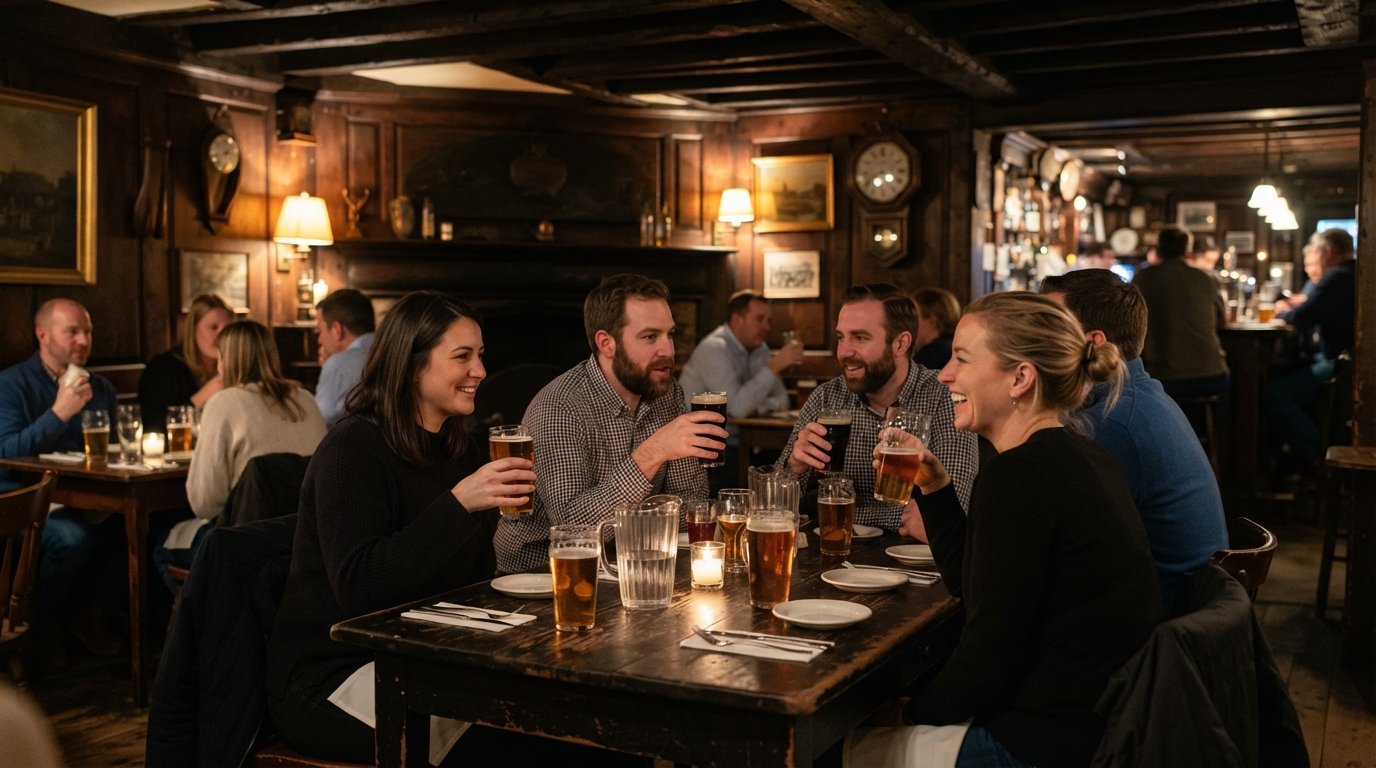 the low-ceilinged interior of Warren Tavern at evening, wood-panelled walls, warm lamps and pints on a crowded table