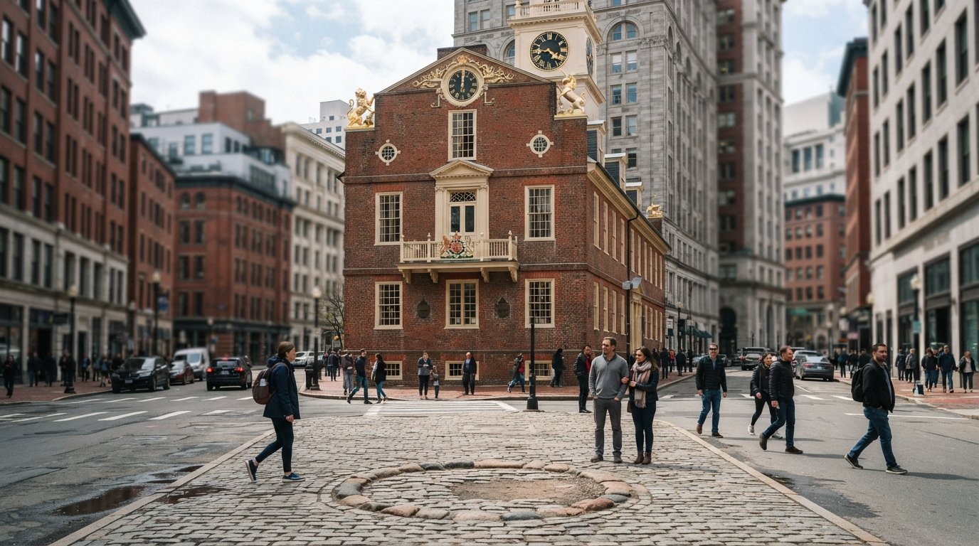 the Old State House at Washington and State, its 1713 brick facade on a traffic island with the Boston Massacre cobbles visible below the balcony in daylight
