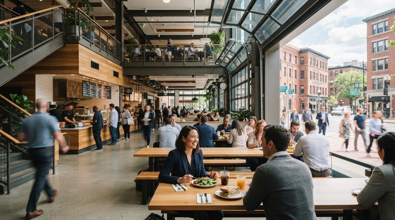 the bright atrium at High Street Place, with vendor counters, office workers at lunch tables and the retractable glass wall open to daylight on High Street