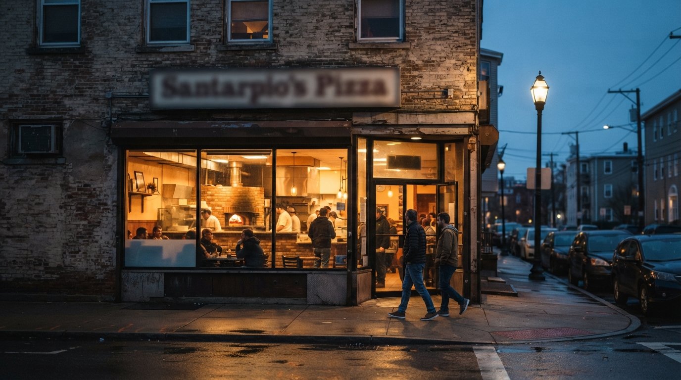 Pizza de Santarpio's en Chelsea Street al atardecer, la fachada de ladrillo antiguo iluminada desde dentro y un destello del brillo del horno desgastado a través de la ventana