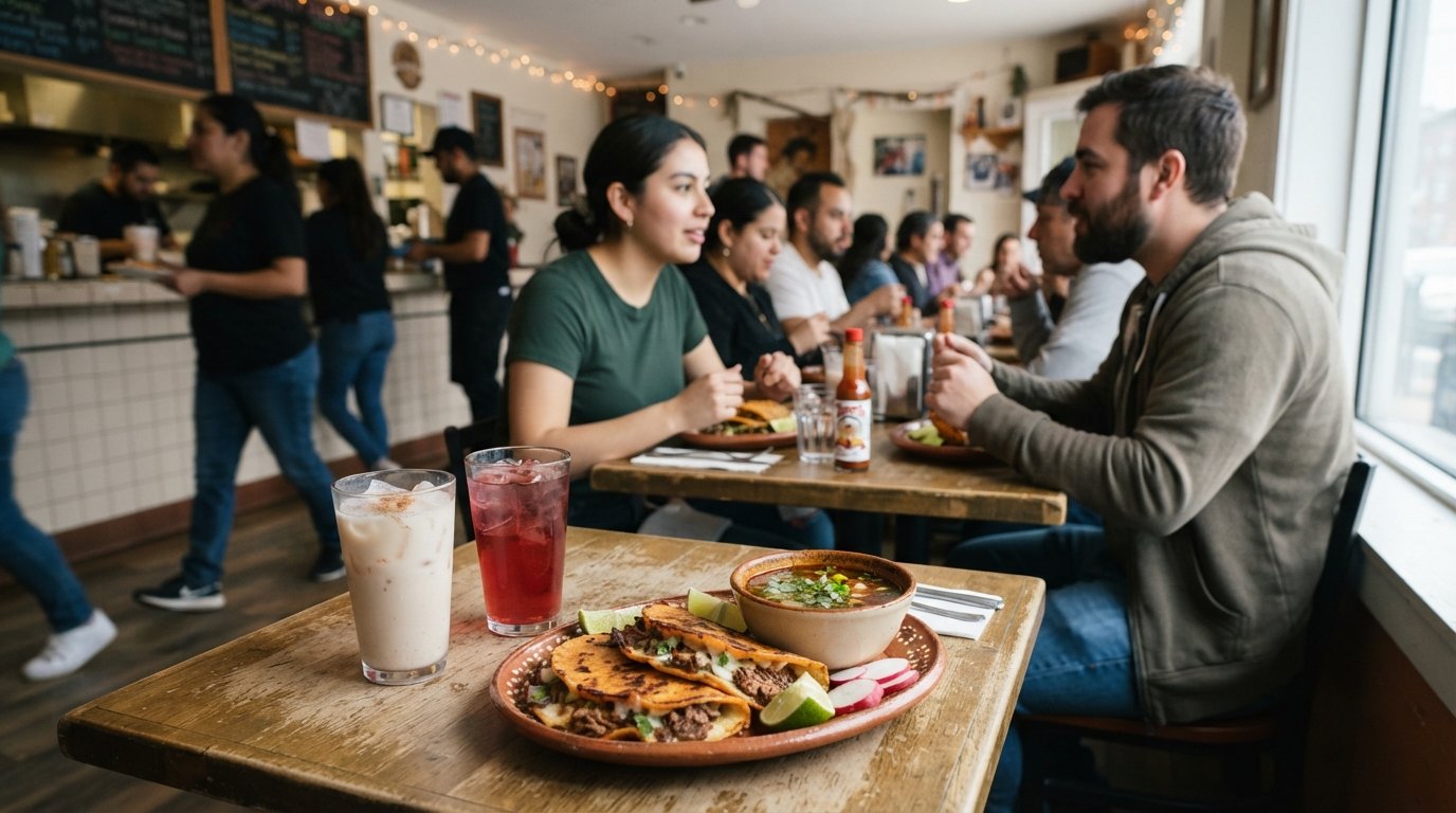 tacos de birria y un pequeño bol de consomé en Taquería Jalisco en Bennington Street, con horchata y agua de Jamaica en una mesa modesta