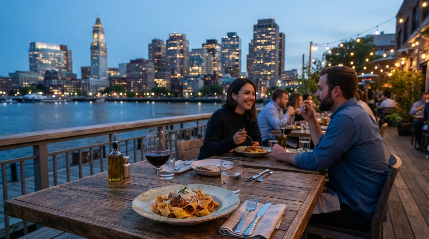 una mesa frente al mar en MIDA East Boston con pasta hecha a mano en primer plano y el horizonte del centro al otro lado del puerto en la hora azul