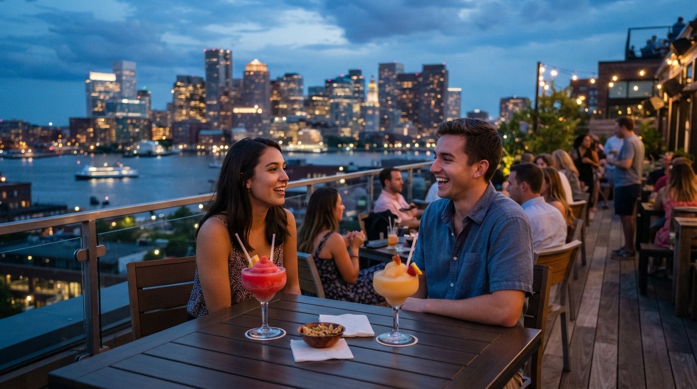 La azotea The Layover en Cunard Tavern en una tarde cálida, cócteles congelados en la mesa y el horizonte de Boston brillando al otro lado del puerto