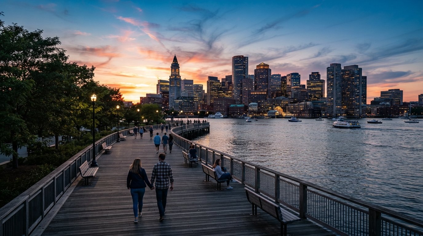 El paseo de 600 pies de Piers Park al atardecer, con el puerto interior en primer plano y el horizonte del centro de Boston extendido sobre el agua