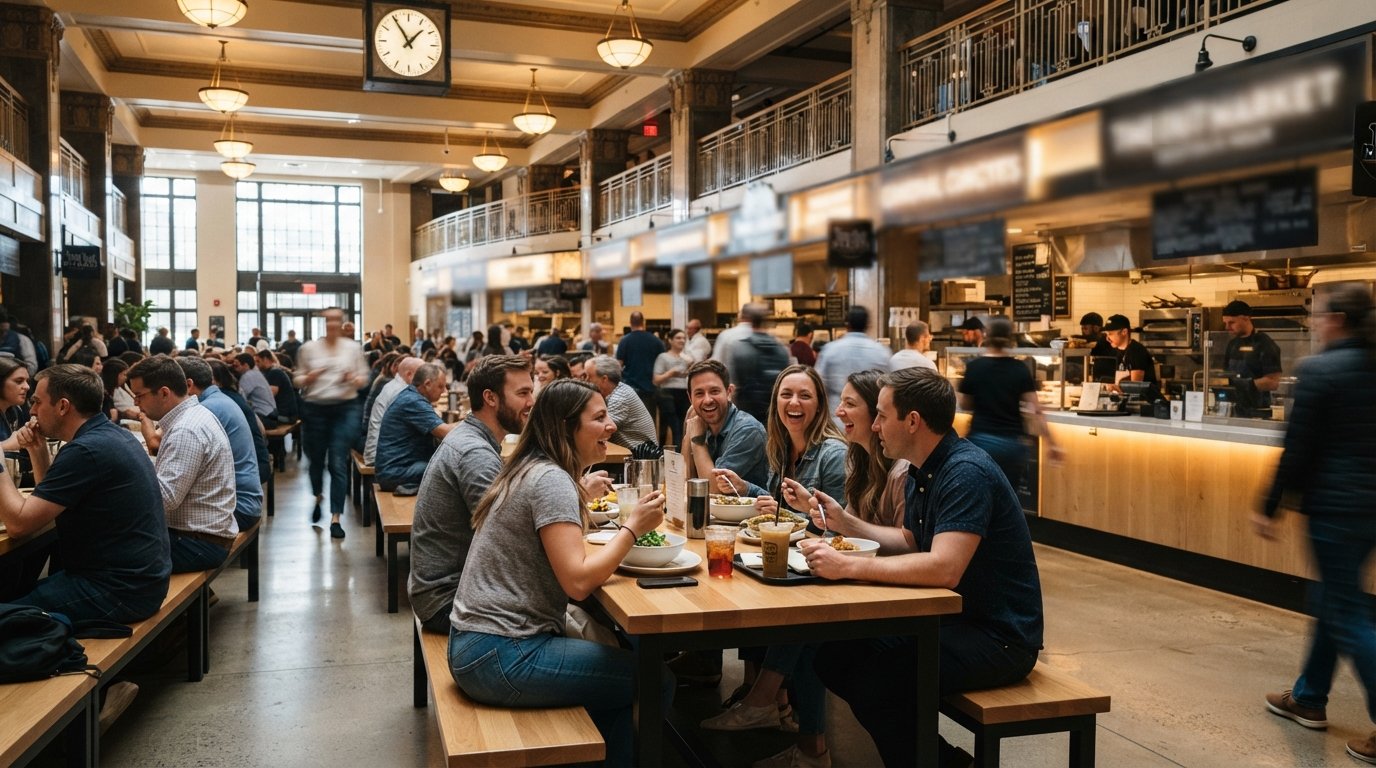The Art Deco interior of Time Out Market Boston, with multiple food counters, warm lighting and a busy communal dining hall at lunch
