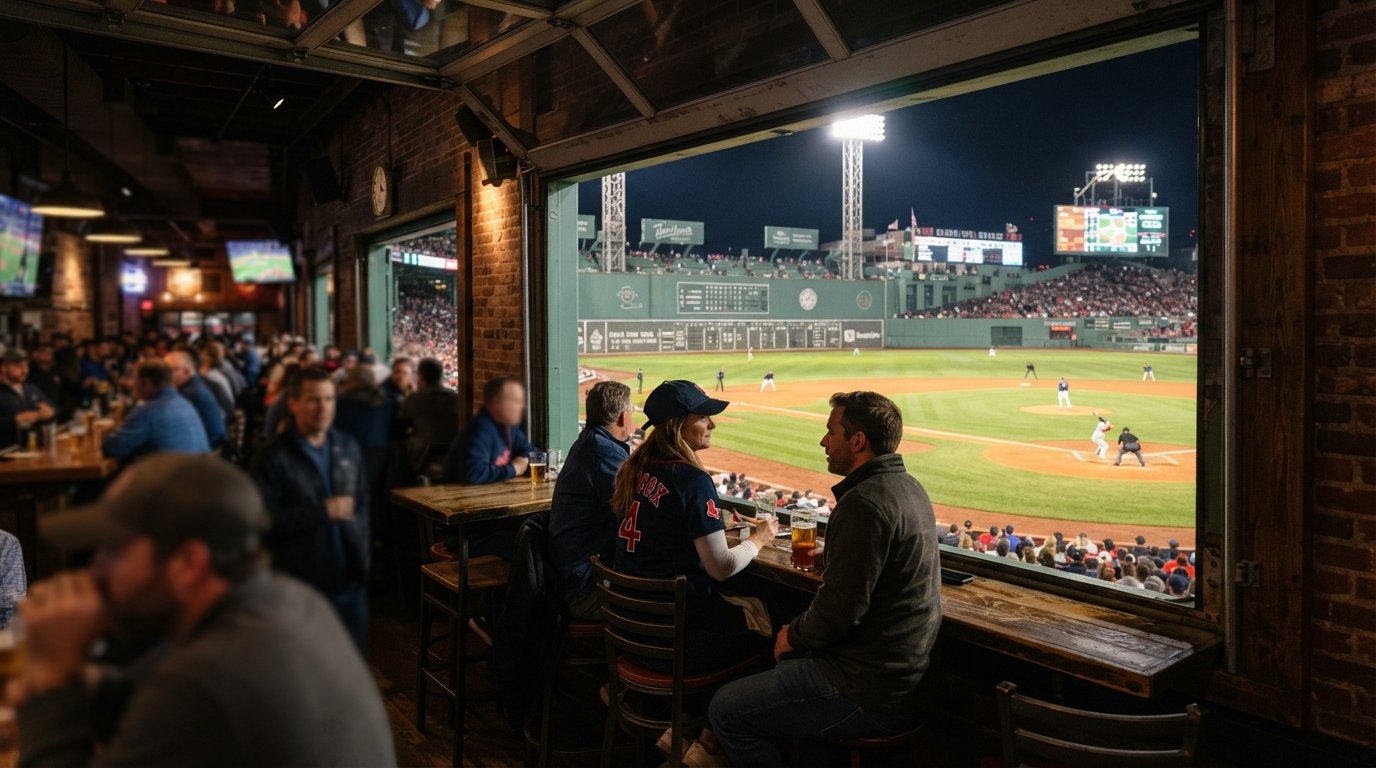 Bleacher Bar’s garage-style window at 82 Lansdowne Street looking straight onto Fenway Park’s diamond, evening crowd inside and field lights beyond