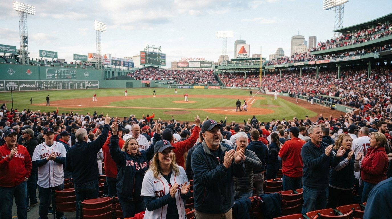 Fans inside Fenway Park during a Red Sox game, the Green Monster in view and the crowd rising together for the eighth-inning singalong