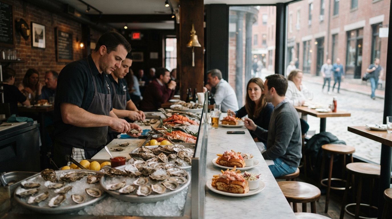 the raw bar window at Neptune Oyster on Salem Street, lobster rolls and oysters framed by a small 37-seat dining room in soft daylight