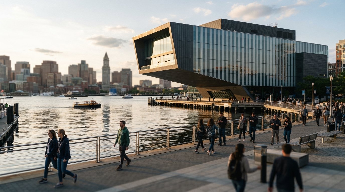 el Institute of Contemporary Art en voladizo sobre el puerto de Boston al atardecer, su fachada moderna rayada y paredes de vidrio reflejadas en el agua