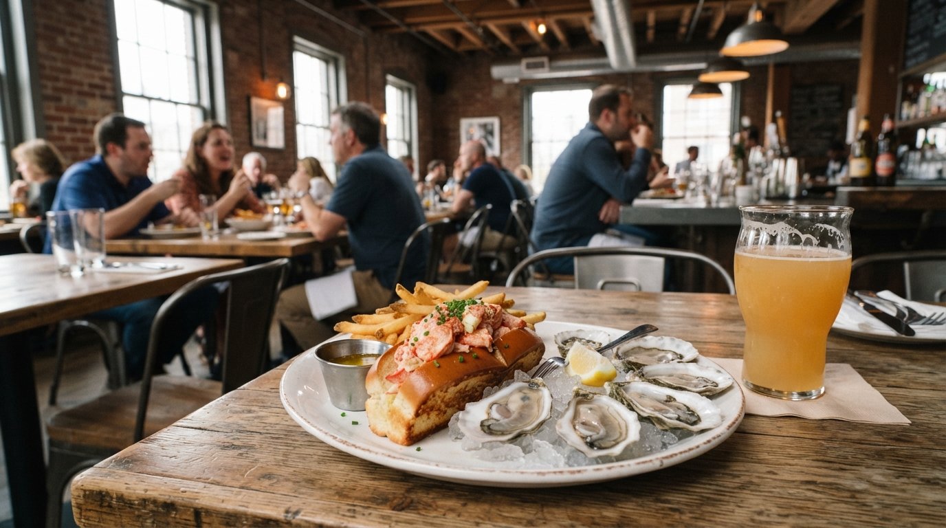 un sándwich de langosta con mantequilla y ostras en Row 34 en Fort Point, en un plato blanco junto a un vaso de cerveza en el comedor del almacén