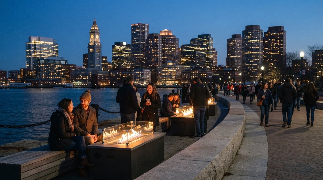 Fan Pier Park a la hora azul, con bancos y fogoneros frente al horizonte de Boston al otro lado del agua