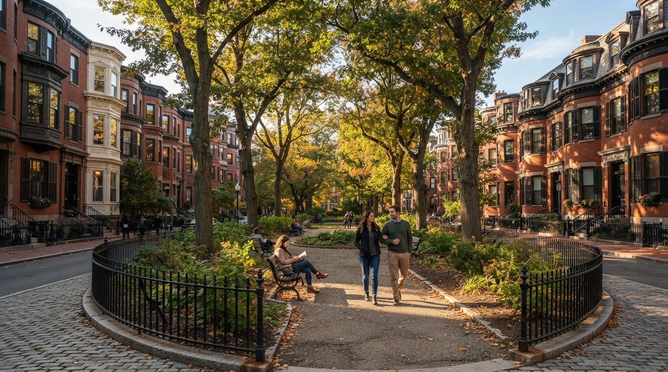 Union Park in Boston’s South End at late afternoon, an elliptical garden square ringed by matching Victorian rowhouses, iron railings and leafy trees