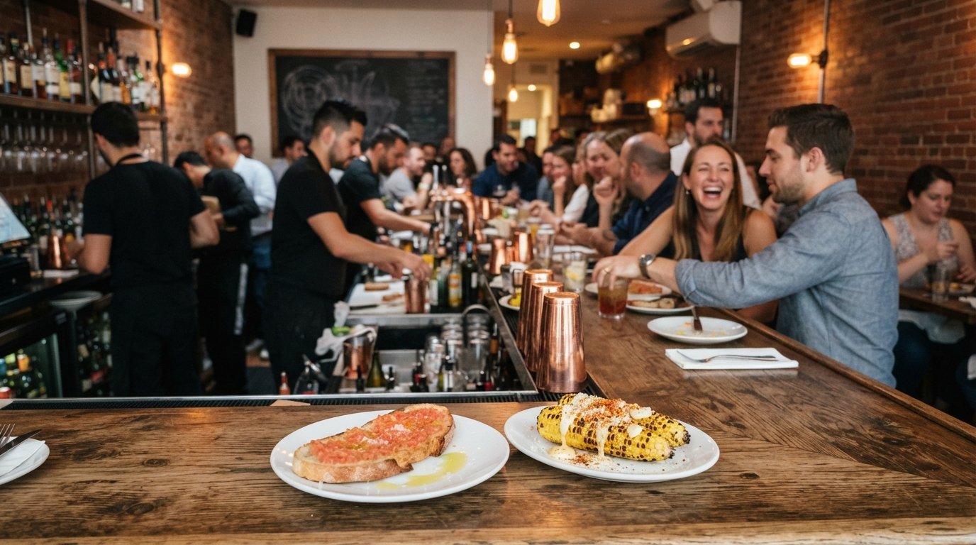 Toro on Washington Street in Boston’s South End, a lively tapas room with diners gathered at the bar and a plate of pan con tomate and grilled street corn in the foreground