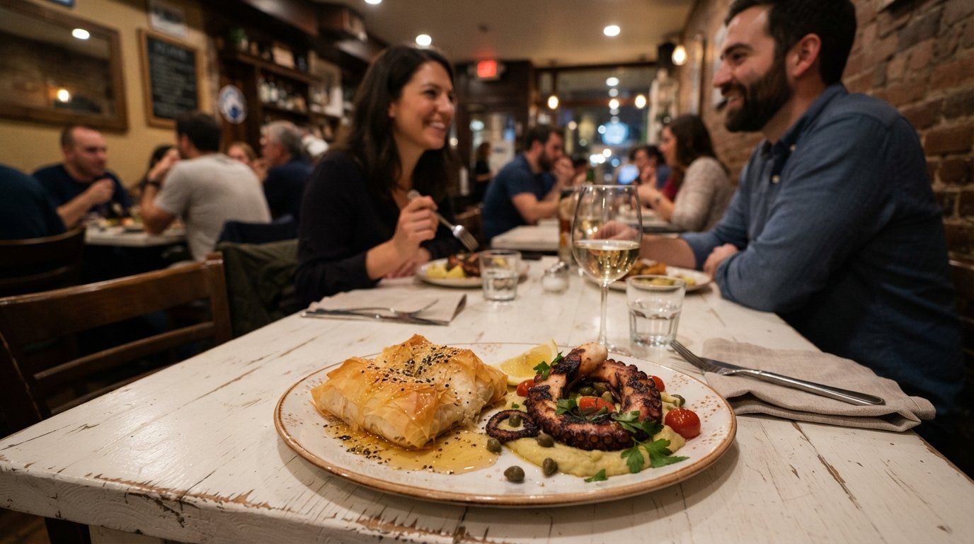 a plate of phyllo-wrapped feta and charred octopus at Kava Neo-Taverna in the South End, warmly lit on a simple white table