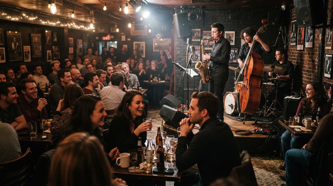 Wally’s Café on Massachusetts Avenue in the South End, a small jazz club interior with musicians playing and a close crowd at tables under warm lights