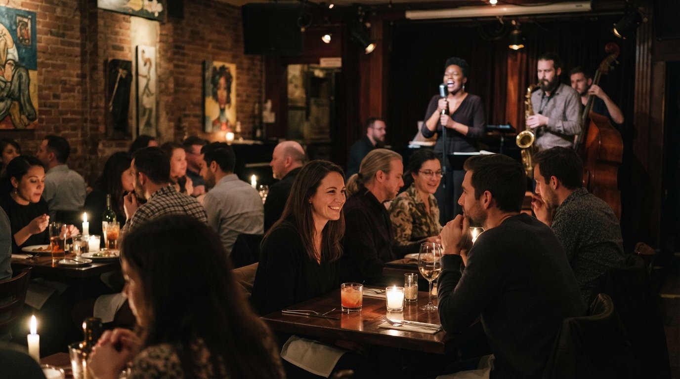 the Beehive on Tremont in Boston’s South End, a bohemian dining room with a small stage, candlelit tables and a live jazz performance